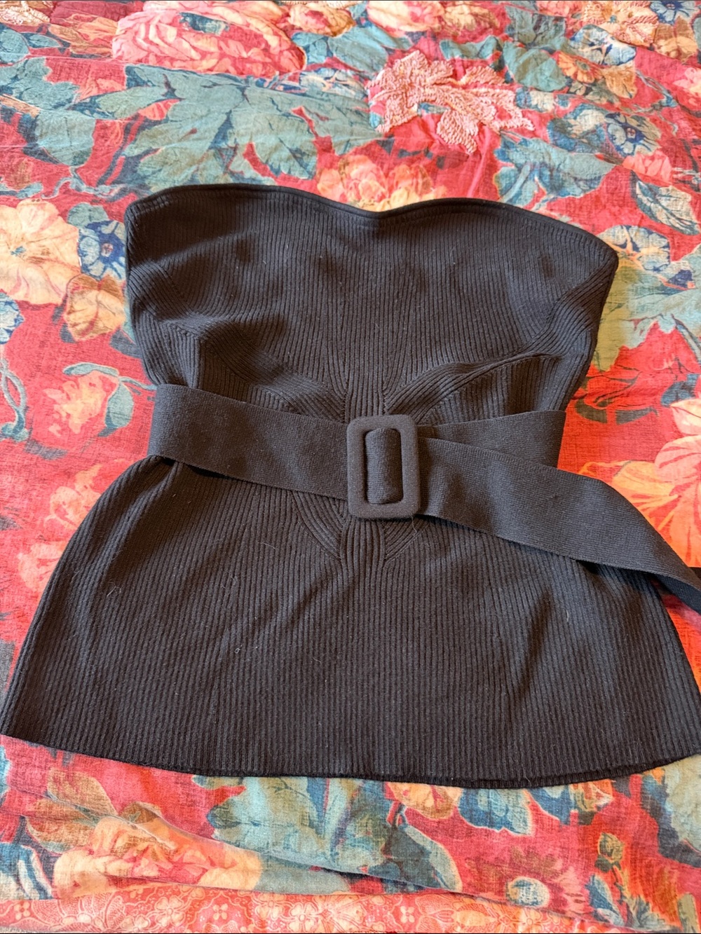 Anthropologie Strapless Black Knit Belted Top